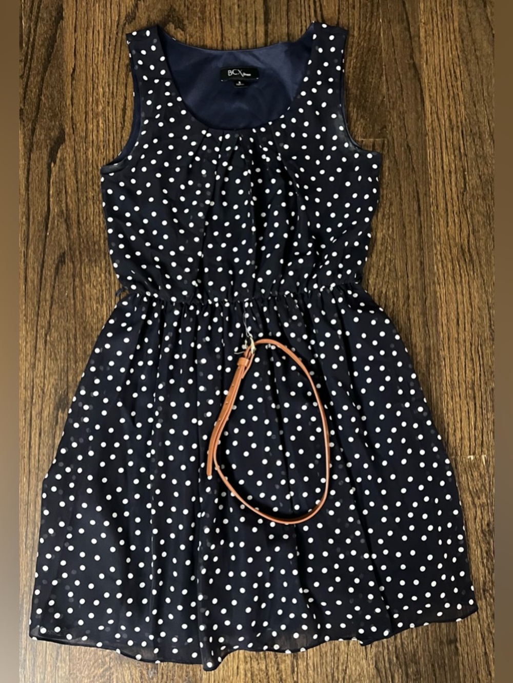 BCX Navy Polka Dot Sleeveless Dress with Tan Belt Accent